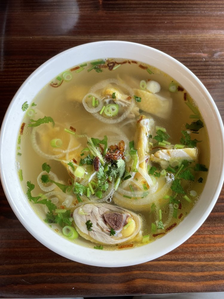 pho with roasted fresh chicken, scallions, onions, and bone broth