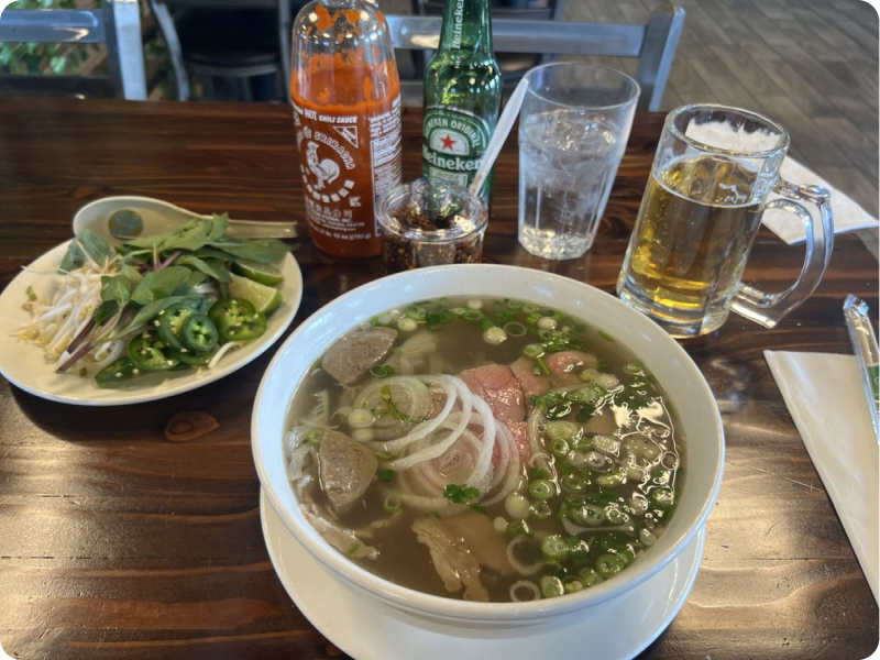 beef meatballs pho with bone broth and beansprouts on the side